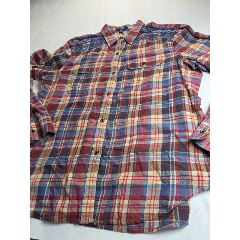 Chaps Plaid Flannel Shirt Womens Large Embroidered Western Boho Red Blue Cotton